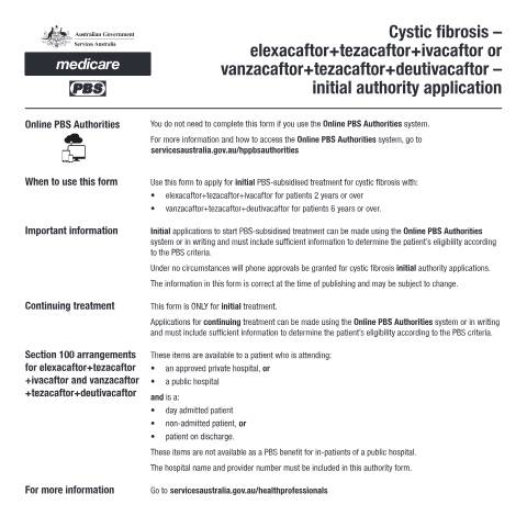 Document preview: Cystic fibrosis - elexacaftor+tezacaftor+ivacaftor or vanzacaftor+tezacaftor+deutivacaftor - initial authority application form (PB286) — Services Australia — Health professionals, Australia (CERFA n°PB286)