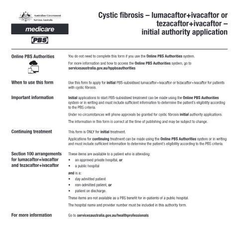 Document preview: Cystic fibrosis - lumacaftor+ivacaftor or tezacaftor+ivacaftor - initial authority application form (PB243) — Services Australia — Health professionals, Australia (CERFA n°PB243)