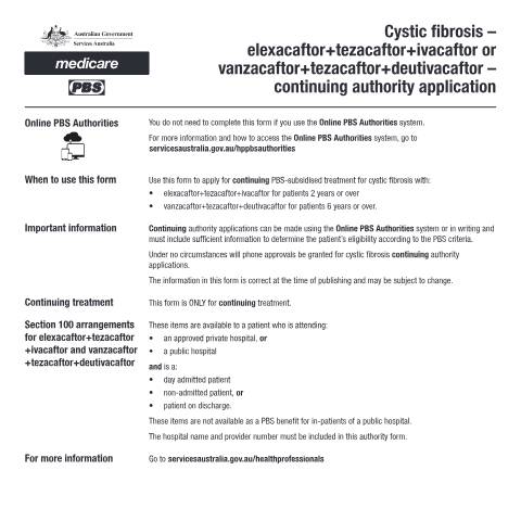 Document preview: Cystic fibrosis - elexacaftor+tezacaftor+ivacaftor or vanzacaftor+tezacaftor+deutivacaftor - continuing authority application form (PB287) — Services Australia — Health professionals, Australia (CERFA n°PB287)