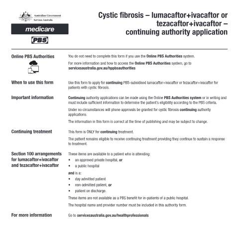 Document preview: Cystic fibrosis - lumacaftor+ivacaftor or tezacaftor+ivacaftor - continuing authority application form (PB244) — Services Australia — Health professionals, Australia (CERFA n°PB244)
