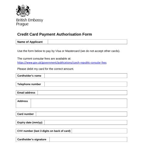 Document preview: Czech Republic: credit/debit card payment authorisation form — Foreign & Commonwealth Office, Foreign, Commonwealth & Development Office, United Kingdom