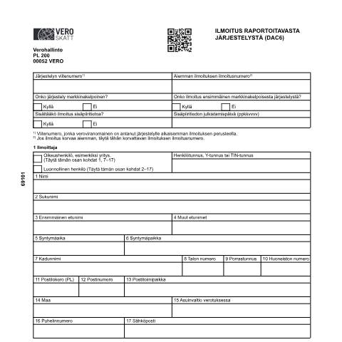 Document preview: DAC6 – ilmoitus raportoitavasta järjestelystä (6910) — DAC6 - ilmoitus raportoitavasta järjestelystä (6910), Suomi (CERFA n°Vero 6910)