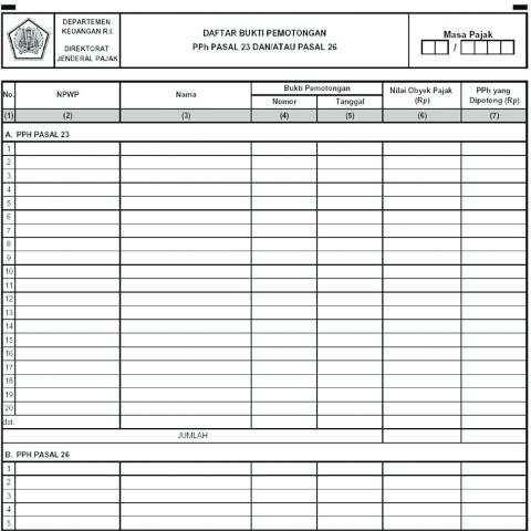 Document preview: Daftar Bukti Pemotongan PPh Pasal 23 dan atau Pasal  26.pdf — Daftar Bukti Pemotongan Pajak Penghasilan Pasal 23 dan/atau 26, Indonesia (CERFA n°ID-DJP-Daftar-Bukti-Pemotongan-PPh-Pasal-23-dan-atau-Pasal-26)