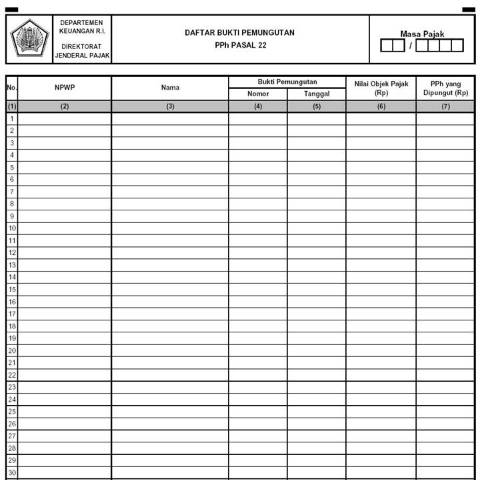 Document preview: Daftar Bukti Pemungutan PPh Pasal 22-2009.pdf — Daftar Bukti Pemungutan PPh Pasal 22, Indonesia (CERFA n°ID-DJP-Daftar-Bukti-Pemungutan-PPh-Pasal-22-2009)