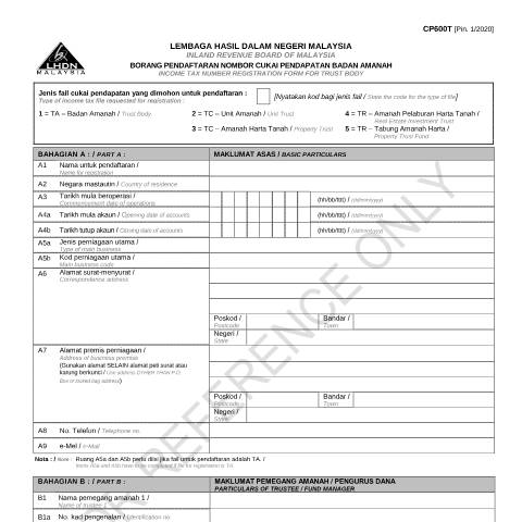 Document preview: Form CP600T [Pin.1/2020] — Registration, Malaysia (CERFA n°CP600T)