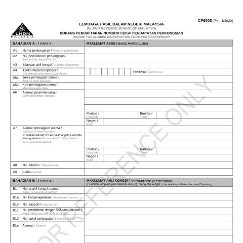Document preview: Form CP600D [Pin.1/2020] — Registration, Malaysia (CERFA n°CP600D)