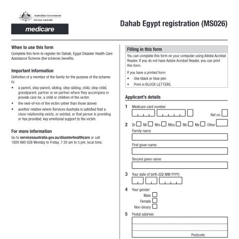 Document preview: Dahab Egypt registration — Services Australia — Individuals (by code), Australia (CERFA n°MS026)