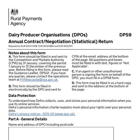 Document preview: Dairy Producer Organisation Annual Contract Negotiation (Statistical) Return DPS9 — Rural Payments Agency, United Kingdom