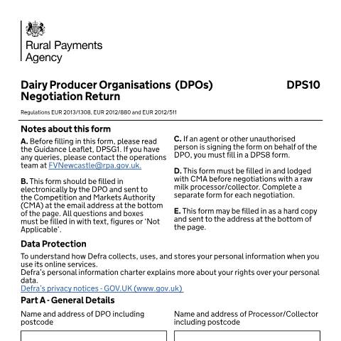 Document preview: Dairy Producer Organisation Negotiation Return DPS10 — Rural Payments Agency, United Kingdom