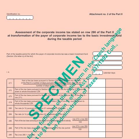 Document preview: Příloha č. 2 II. oddílu - Stanovení daně z příjmů právnických osob uváděné na ř. 290 II. oddílu, poplatníkem daně z příjmu právnických osob, který byl jen část zdaňovacího období základním investičním fondem - anglická verze — Daň z příjmů právnických osob — Vyměřovací řízení, Česko (CERFA n°25 5404/Ba)