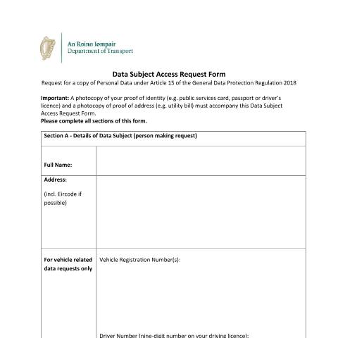 Document preview: Data Protection — subject access request form 3484fd51 cdba 44d4 bd5e 344434bb6425 — Department of Transport, Ireland (CERFA n°BD5E)
