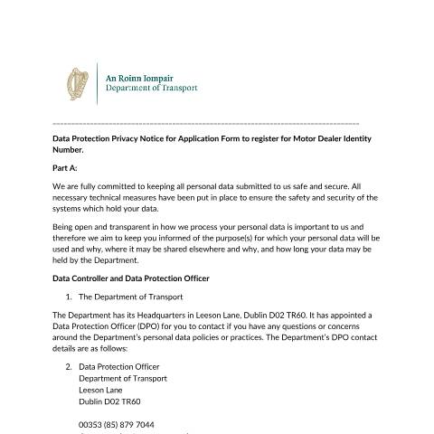 Document preview: Data Protection — privacy notice for application to register for motor dealer identity number — Department of Transport, Ireland