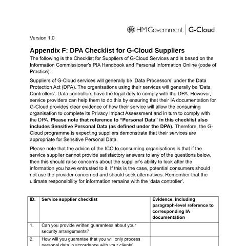 Document preview: Data Protection Act checklist for G-Cloud suppliers — Cabinet Office, United Kingdom