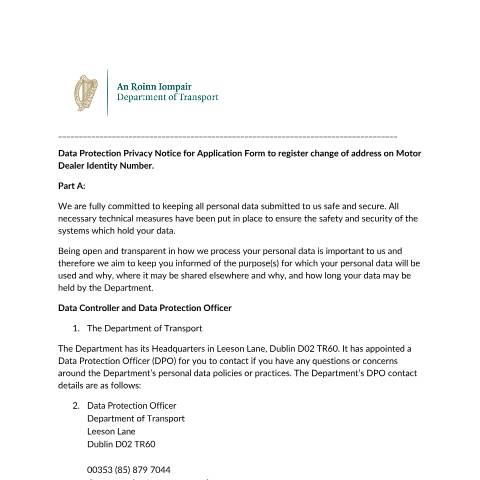 Document preview: Data Protection — dbb270e1 data protection privacy notice for application form to register change of add — Department of Transport, Ireland