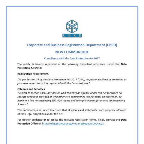 Document preview: Corporate and Business Registration Department_Data_Protection_Communiqué — Notice / Circular, Mauritius (CERFA n°Corporate-and-Business-Registration-Department_Data_Protection_Communique)