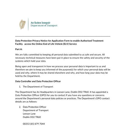 Document preview: Data Protection — privacy notice for application form to enable authorised treatment facility access the — Department of Transport, Ireland