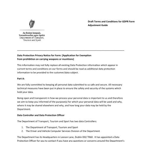 Document preview: Data Protection — data protection privacy notice for form application for exemption from prohibition on — Department of Transport, Ireland