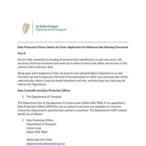 Document preview: Data Protection — privacy notice application for minimum safe manning document — Department of Transport, Ireland