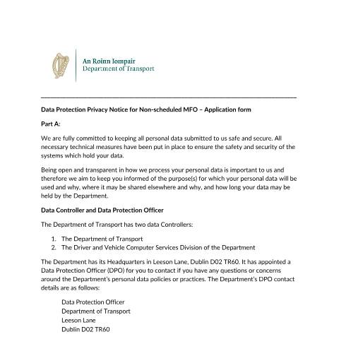 Document preview: Data Protection — non scheduled flights mfo application form privacy notice — Department of Transport, Ireland