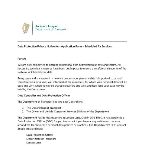 Document preview: Data Protection — privacy notice for application form scheduled air services — Department of Transport, Ireland