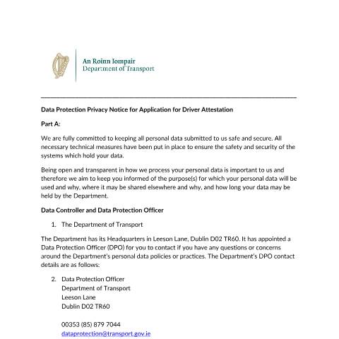 Document preview: Data Protection — privacy notice driver attestation application — Department of Transport, Ireland