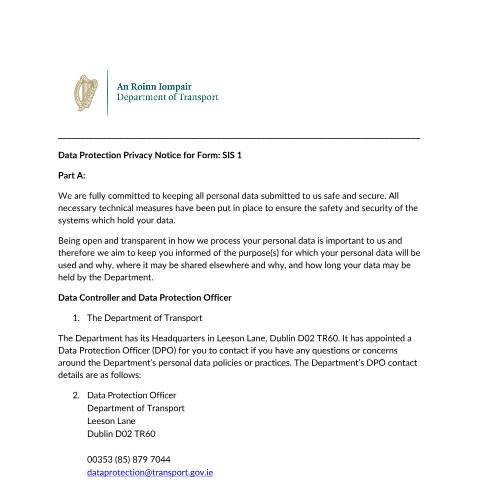 Document preview: Data Protection — privacy notice form sis 1 discharge book id card — Department of Transport, Ireland (CERFA n°SIS1)