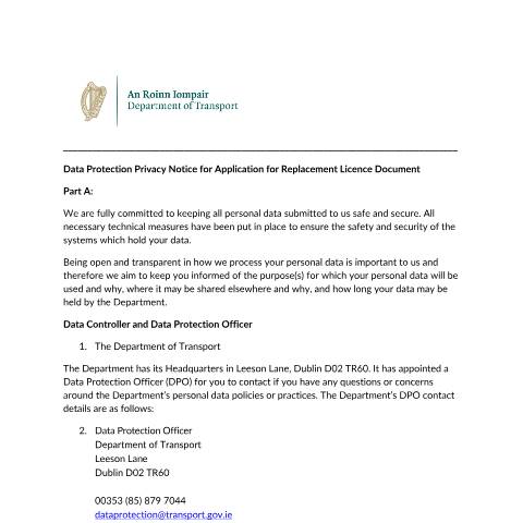 Document preview: Data Protection — privacy notice replacement licence document application — Department of Transport, Ireland