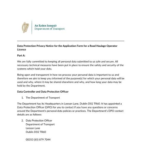 Document preview: Data Protection — privacy notice road haulage operator licence application — Department of Transport, Ireland