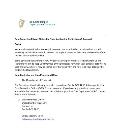 Document preview: Data Protection — privacy notice application for section 62 approval — Department of Transport, Ireland