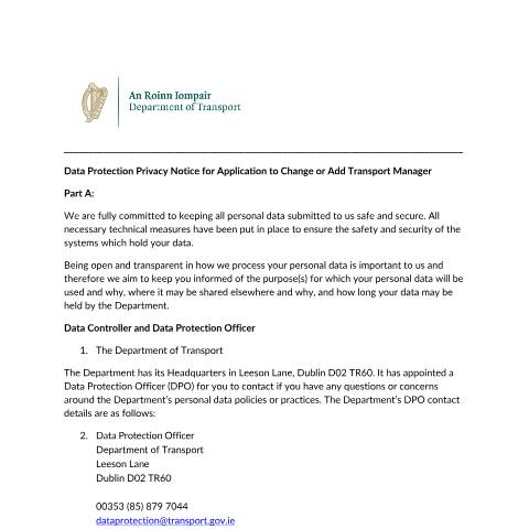Document preview: Data Protection — privacy notice change or addtion of transport manager application — Department of Transport, Ireland