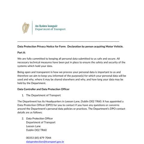 Document preview: Data Protection — privacy notice for form declaration by person acquiring motor vehicle — Department of Transport, Ireland