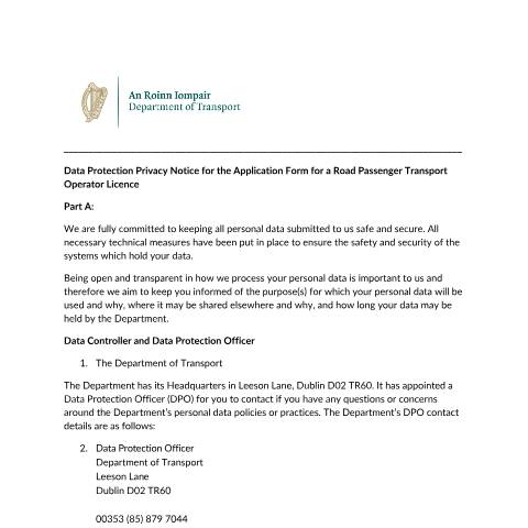 Document preview: Data Protection — privacy notice application form for a road passenger transport operator licence — Department of Transport, Ireland