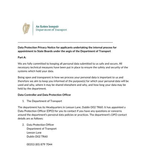 Document preview: Data Protection — data protection privacy notice for applicants undertaking the internal process for app — Department of Transport, Ireland