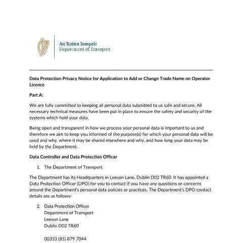 Document preview: Data Protection — privacy notice to add or change trade name application — Department of Transport, Ireland