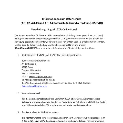 Dokumentvorschau: BZStOnline-Portal — BZSt/Informationen_zum_Datenschutz, Deutschland (CERFA n°BZStOnline-Portal)