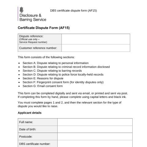 Document preview: DBS certificate disputes and fingerprint consent forms — Disclosure and Barring Service, United Kingdom