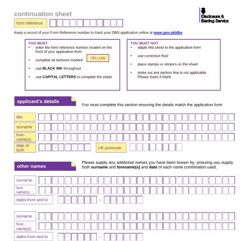 Document preview: DBS continuation sheet — Disclosure and Barring Service, United Kingdom