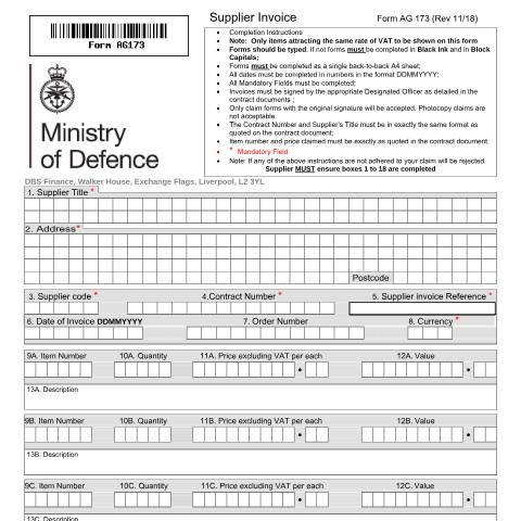 Document preview: DBS Finance invoicing forms — Ministry of Defence, United Kingdom