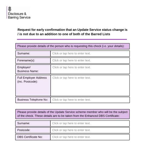 Document preview: DBS Update Service: early confirmation application form — Disclosure and Barring Service, United Kingdom