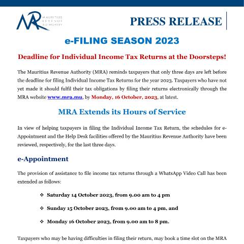 Document preview: Deadline for Individual Income Tax Returns at the Doorsteps! (13.10.23) — Form, Mauritius (CERFA n°PressRelease131023)