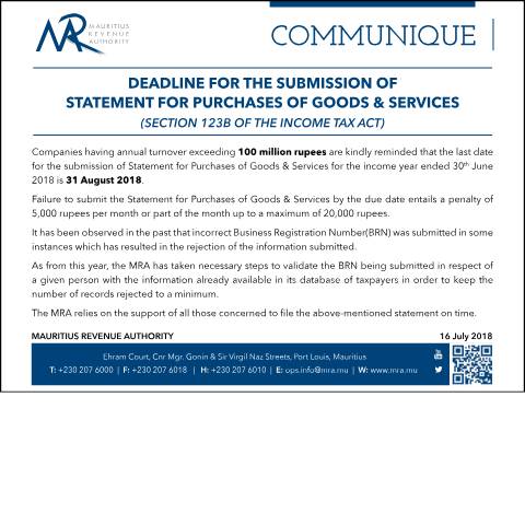 Document preview: Deadline for the submission of Statement for Purchases of Goods &amp; Services (16.07.18) — Document, Mauritius (CERFA n°GoodsNServices160718)