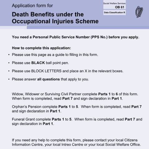 Document preview: Operational Guidelines: Death Benefit Scheme (under the Occupational Injuries Benefit Scheme) — Department of Social Protection, Ireland (CERFA n°OB61)