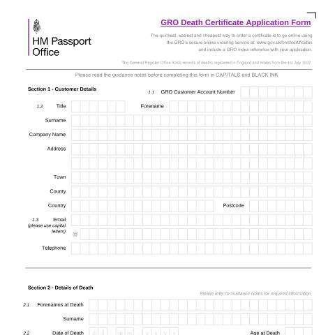 Document preview: Death certificate application form — HM Passport Office, United Kingdom
