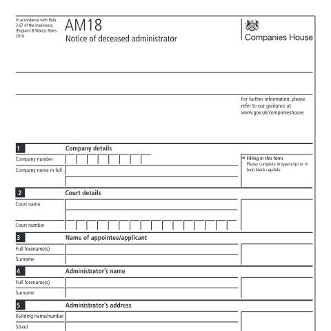 Document preview: Give notice of deceased administrator (AM18) — Companies House, United Kingdom