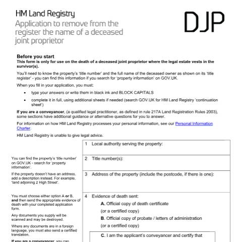 Document preview: Deceased joint proprietor (DJP) — HM Land Registry, United Kingdom
