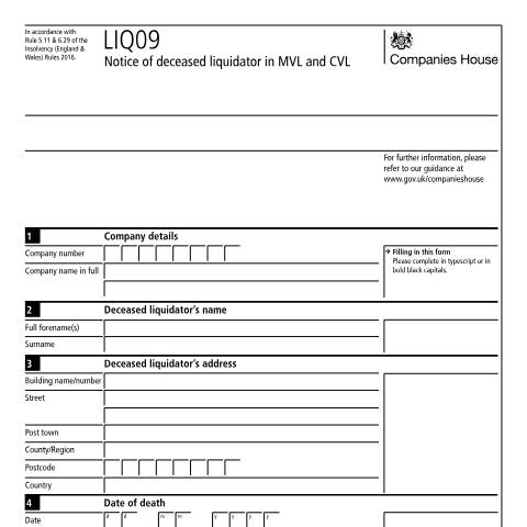 Document preview: Give notice of deceased liquidator (LIQ09) — Companies House, United Kingdom