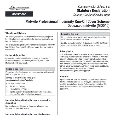Document preview: Statutory declaration ROCS - Deceased midwife form (MO040) — Services Australia — Health professionals, Australia (CERFA n°MO040)