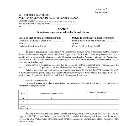Document preview: Decizie de amânare la plată a penalităților de nedeclarare (OPANAF 1767/2021) — Documente emise, România (CERFA n°A8_OPANAF_1767_2021)