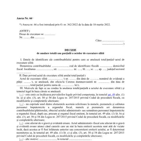 Document preview: Decizie de anulare totală sau parțială a actelor de executare (OPANAF 63/2017) — Documente emise, România (CERFA n°A66_OPANAF_63_2017)