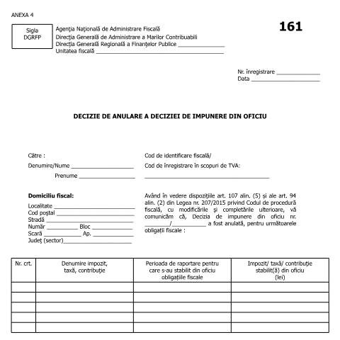 Document preview: Decizie de anulare a deciziei de impunere din oficiu (OPANAF 962/2016, cu modificările și completările ulterioare) — Documente emise, România (CERFA n°A4_OPANAF_962_2016)